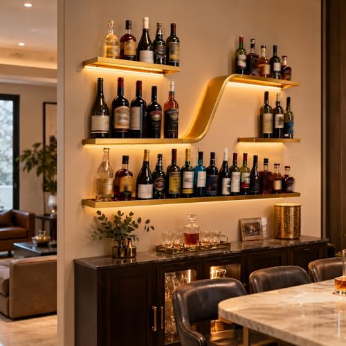 47in Gold Wall Mounted Wine Rack with LED Lights - color: Gold, size: 47in