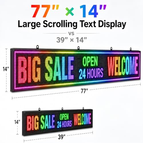 P10 Outdoor LED Message Board 77"x14" - WiFi Programmable Scrolling Text Display, High Brightness Business Sign with SMD Technology for Store Front - size: P10 77"x14"