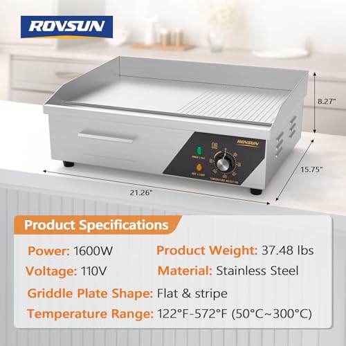 ROVSUN 22" Electric Griddle, Electric Countertop Half Flat Top Griddle, 1600W Grill Stainless Steel with Adjustable Temperature Control 122°F-572°F for Commercial Home Restaurant, Plug - size: 22"
