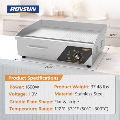 ROVSUN 22" Electric Griddle, Electric Countertop Half Flat Top Griddle, 1600W Grill Stainless Steel with Adjustable Temperature Control 122°F-572°F for Commercial Home Restaurant, Plug - size: 22"