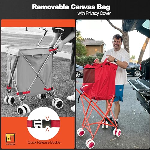 Wellmax Folding Shopping Cart with Canvas Bag & Cover, Holds 120 lb, Red - color: Red
