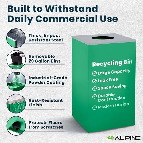 Alpine Commercial Indoor Recycle Bin - 29 Gallon Modern Looking Green Recycle Bin, Office Recycling Bins, Metal Trash and Recycling Container with Stickers & 3 Optional Lids (lid Sold Separately) - color: Green Can