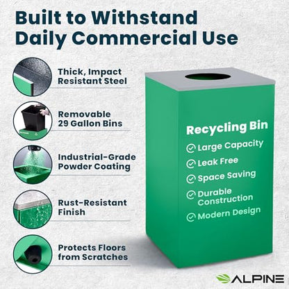 Alpine Commercial Indoor Recycle Bin - 29 Gallon Modern Looking Green Recycle Bin, Office Recycling Bins, Metal Trash and Recycling Container with Stickers & 3 Optional Lids (lid Sold Separately) - color: Green Can