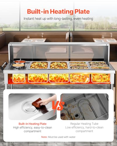 VEVOR Commercial Food Warmer, 8 Pans + 2 Pots Electric Steam Table, 1800W Professional Buffet Catering Food Warmer with Shield Undershelf Wheels, Stainless Steel Server for Party Restaurant - size: 8 Pans + 2 Pots