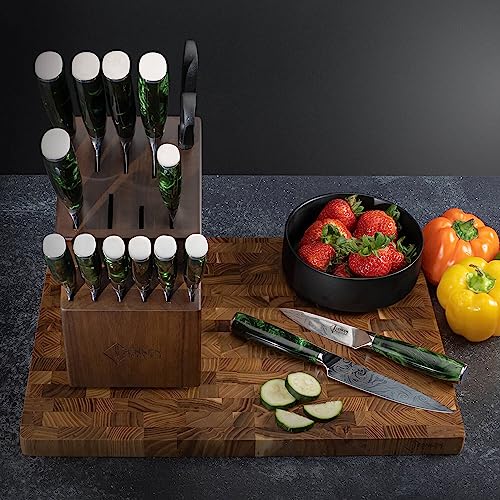 SENKEN Engraved Japanese Kitchen Knife Set with Beautiful Green Resin Wood Handles - Wasabi Collection - Chef's Knife, Bread, Cleaver, Paring, & More (16-Piece Knife Block Set) - size: 16-Piece Knife Block Set