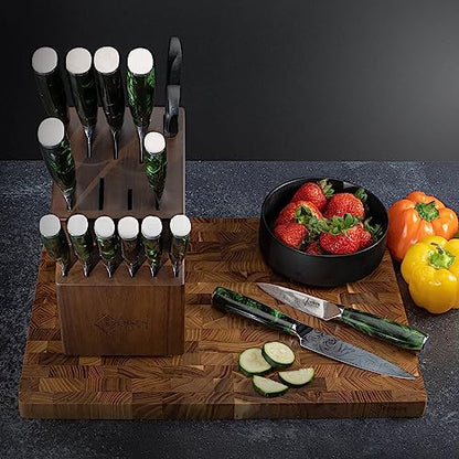 SENKEN Engraved Japanese Kitchen Knife Set with Beautiful Green Resin Wood Handles - Wasabi Collection - Chef's Knife, Bread, Cleaver, Paring, & More (16-Piece Knife Block Set) - size: 16-Piece Knife Block Set