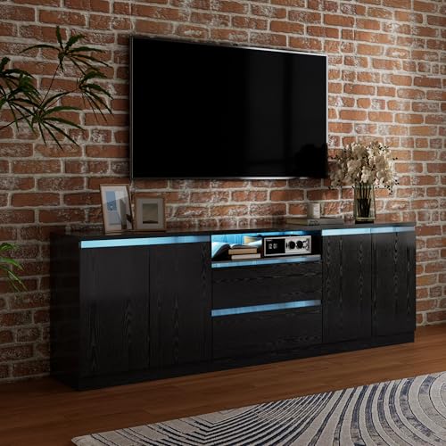 Bobve Modern TV Stand for TVs Up to 100",LED TV Console,Long Entertainment Center with 2 Drawer/2 Cabinets,Universal TV Stand for Living Room,Bedroom,Black,3 Light Modes - color: Black