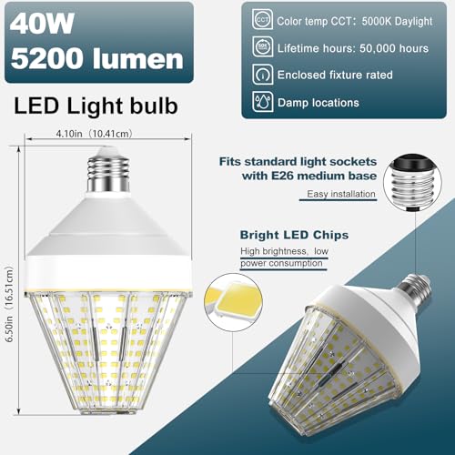 GT-Lite 2 Pack 10400 Lumen LED Corn Cob Light Bulb, Uses 40W - size: 2 Pack, style: 5200 Lumen