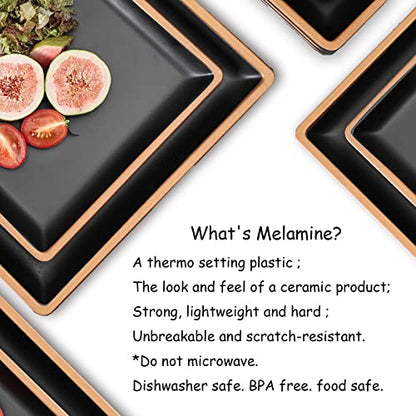 Melamine Dinnerware Sets Service for 4, Square Dinner Plates and Bowls Set - color: Metallic bronzed edge
