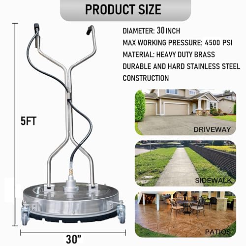 Hourleey 30" Pressure Washer Surface Cleaner with Dual Handles, Stainless Steel Surface Cleaner with 4 Wheels for Driveways, Pathway, Sidewalks, Patios, Decks, 4500 PSI with 3/8" Quick Connector Kit - size: 30 Inch