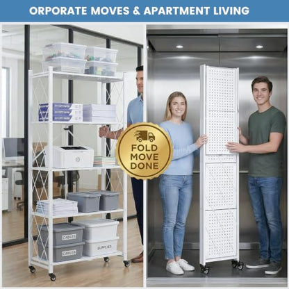 ALANNG 70.7" H Metal Storage Shelves, 5 Tier Folding Shelf on Wheels - color: White