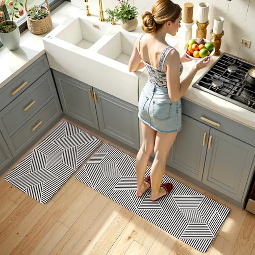 KIMODE Anti Fatigue Kitchen Mats, Padded Kitchen Floor Mats 17"x47"+17"x29" - color: Black Geometric, size: 17.3" x 47"+17.3" x 29"--0.47 inches