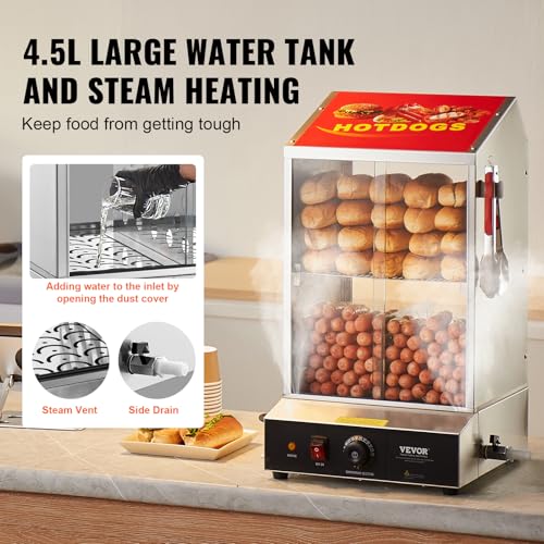 VEVOR Hot Dog Machine, 36 L, 2-Tier Hot Dog Steamer for 200 Hotdogs & 42 Buns, 1200W Electric Bun Warmer Cooker with Rotary Knob Temp Display - size: 2-Tier-38Qt