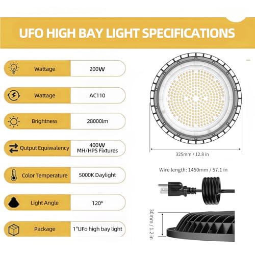 6 Pack UFO 200W LED High Bay Light,5000K,28,000LM, 5 ft Cable with US Plug UL Certified Plug, IP65 Commercial Warehouse Area Light for Wet Location Area, Workshop, Garage - size: 200W 6 Pack