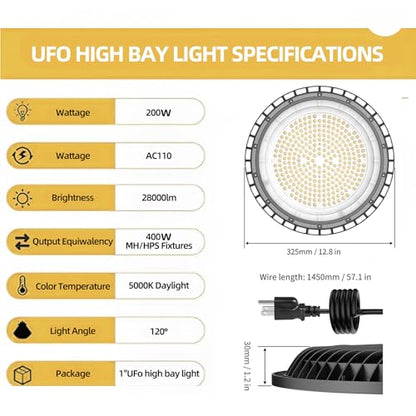 6 Pack UFO 200W LED High Bay Light,5000K,28,000LM, 5 ft Cable with US Plug UL Certified Plug, IP65 Commercial Warehouse Area Light for Wet Location Area, Workshop, Garage - size: 200W 6 Pack