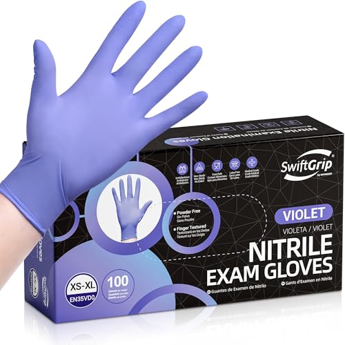 SwiftGrip Disposable Nitrile Exam Gloves, 3mil, Medium, Box of 100, Violet Nitrile Gloves Disposable Latex Free for Medical, Cleaning, Cooking & Esthetician, Food-Safe, Powder-Free, Purple - size: Medium