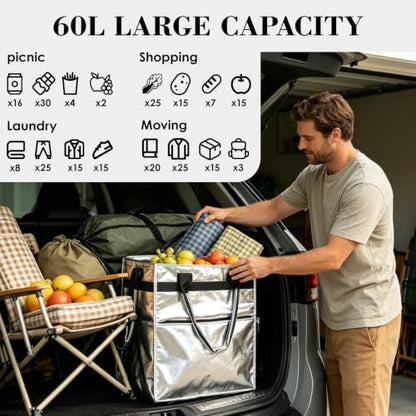 Reusable Grocery Bag on 4 Swivel Wheels, 60L Large Rolling Tote Bag - color: Silver