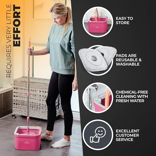 Mop and Bucket Set with Wringer, Dual-Chamber Flat Mop, Pink – ALANBERG - color: Pink