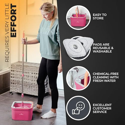Mop and Bucket Set with Wringer, Dual-Chamber Flat Mop, Pink – ALANBERG - color: Pink