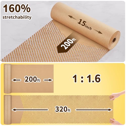 JARLINK Honeycomb Packing Paper, 15" x 200' Packing Wrap Roll for Packing - size: 15"x 200'
