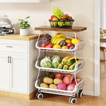 SAYZH 4-Tier Fruit and Vegetable Basket Stand for Kitchen, Wood Top, White - color: White, size: 4 Tiers