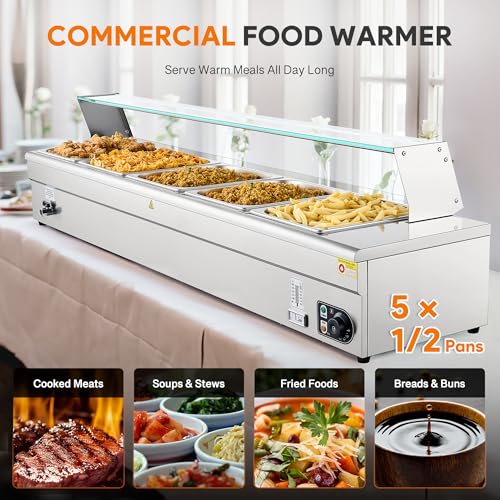 WILPREP 5-Pan Commercial Food Warmer with Sneeze Guard, Five 1/2 Pans, 1500W Countertop Electric Steam Table, 86-185°F Adjustable Temp Control, Stainless Steel Buffet Bain Marie - size: 1/2 pan*5
