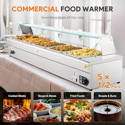 WILPREP 5-Pan Commercial Food Warmer with Sneeze Guard, Five 1/2 Pans, 1500W Countertop Electric Steam Table, 86-185°F Adjustable Temp Control, Stainless Steel Buffet Bain Marie - size: 1/2 pan*5