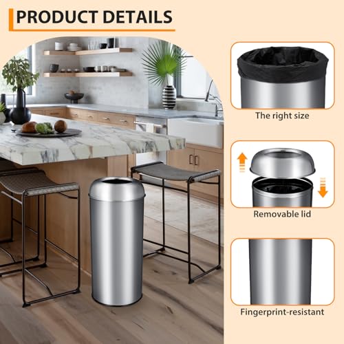 GarveeLife Tall Commercial Trash Can, 65L/17 Gallon, Large Capacity Heavy Duty Stainless Steel Open Top Trash Bin with Sleek Hidden Bag Holder for Restaurant, Office, and Restroom