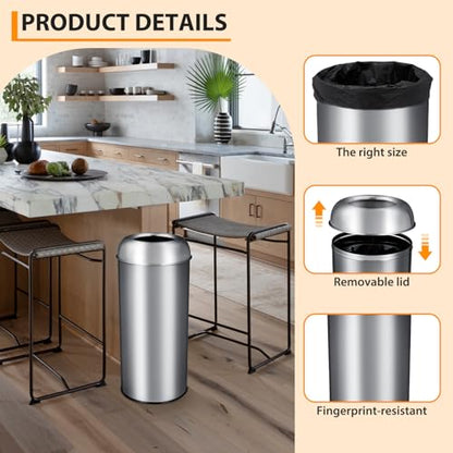 GarveeLife Tall Commercial Trash Can, 65L/17 Gallon, Large Capacity Heavy Duty Stainless Steel Open Top Trash Bin with Sleek Hidden Bag Holder for Restaurant, Office, and Restroom