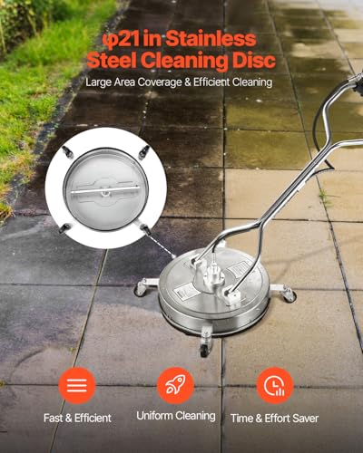VEVOR 21" Pressure Washer Surface Cleaner, Stainless Steel Pressure Washer Attachments with 4 Wheels, 4500 Max PSI, 3/8 Quick Connector, 2 Spray Nozzles, Dual Handle, for Concrete, Patio, Sidewalk - size: 21 Inch w/ Handle & Wheels