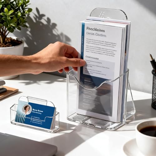 2 Pack 4 x 9 Acrylic Brochure Holder with Business Card Holder
