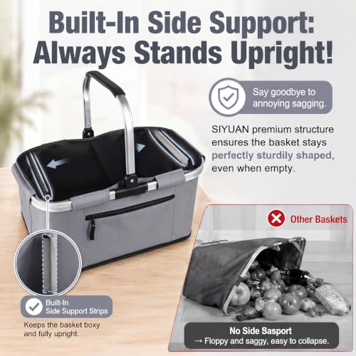 Picnic Basket, SIYUAN Shopping Basket with Handle 22L Collapsible Grocery Basket Portable Folding Basket for Marketing Reuasble, Gray - color: Light Grey