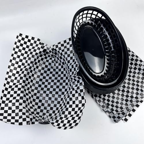 Rainmae Retro Style Plastic Food Baskets with Wax Paper Liners, 20 Fast Food Baskets with 200 Deli Paper Sheets, Bread, Chicken, Burgers, Sandwiches, Fries - color: Black(20 Pcs+200 Deli Paper）
