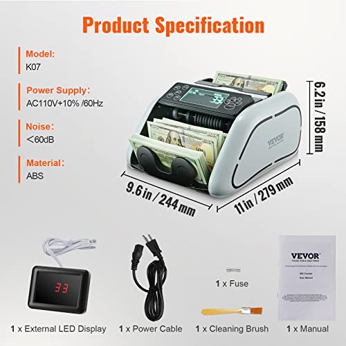 VEVOR Money Counter Machine, Bill Counter with UV/MG/IR/DD/DBL/HLF/CHN Counterfeit Detection, Counting/Value Count/Add/Batch Modes, USD/EUR Money Counting Machine with LCD Display for Small Business - size: 9.6*11*6.2"