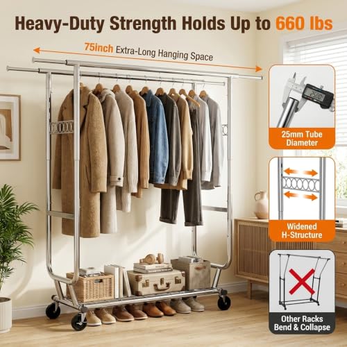 Clothes Rack, Heavy Duty Garment Rack Load 660 LBS, Rolling Clothes Rack for Hanging Clothes, Height Adjustable& Scalable& Foldable, for home or commercial, 75"x 22"x 68", Silver - color: 2 Rods& Silver