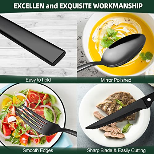 72-Piece Black Silverware Set with Steak Knives for 12, Black Flatware Set