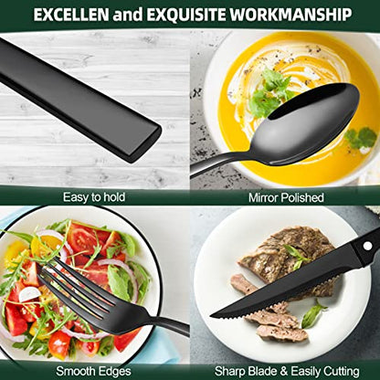 72-Piece Black Silverware Set with Steak Knives for 12, Black Flatware Set
