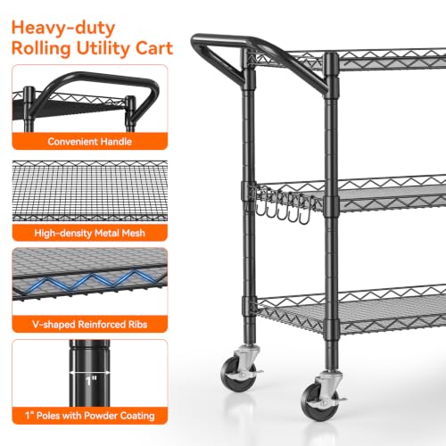 NTE 3 Tier Heavy Duty Utility Cart on Wheels, 990Lbs Rolling Wire Cart - color: Black