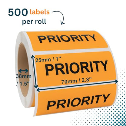 Priority Stickers, 500/Roll, Fluoro Orange Courier Labels, 70mm x 25mm, Medical Courier Supplies, Priority Mail Stickers - style: PRIORITY
