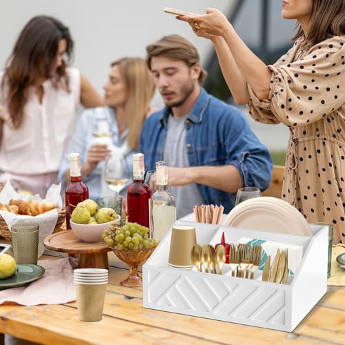 Ukonvi Paper Plate Dispenser, Paper Plate Holder for Kitchen Counter, Wood Rustic Silverware Utensil Caddy, Cutlery Flatware Organizer Box for Cups Spoons Forks Plates Napkins, Kitchen Accessories - color: White