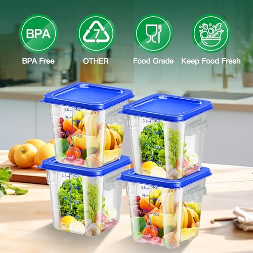 4 pcs 4qt Food Storage Containers with Lid, Square Clear Commercial Food Storage Containers with Handle and Scale for Food Storage in Home Kitchen & Dining (Blue) - color: C2-4QT-4PCS-BLUE
