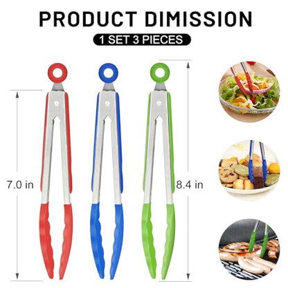 HOTEC Small Silicone Kitchen Tongs 7-Inch Mini Serving Tongs, Set of 3 - color: Red,Blue,Green