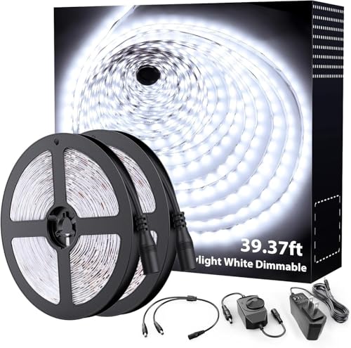 Onforu LED Strip Lights,39.37ft 6000K Dimmable Daylight White Tape Light,12m 720 LEDs 2835 Flexible Ribbon Mirror Light, 12V Adhesive Rope Lights for Kitchen, Under Cabinet, Bedroom - color: Daylight White, size: 39.37FT