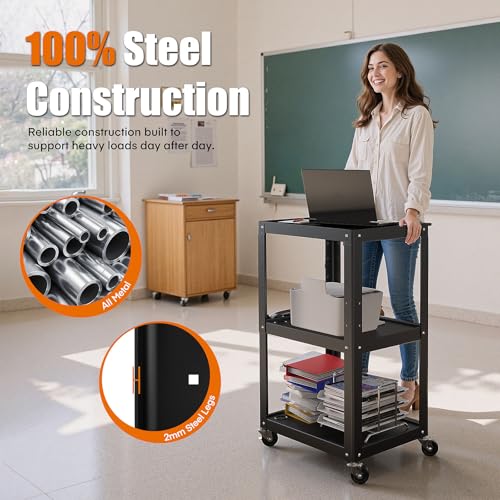 3 Shelf Metal Utility Cart - Durable Computer Cart on Wheels with Power Strip,Height Adjustable AV Presentation Cart Stand for Movie Projector,TV and Laptop Computers,Easy to Assemble, Black - style: AV Cart(M-AV-JS)