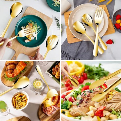14PCS Serving Utensils - Hostess Serving Utensils Set, Premium Stainless Steel 8.7 inch Serving Utensils, Slotted Spoons, Fork, Tongs, Cake Pie Server for Buffet, Wedding, Dinner (Gold) - color: Gold