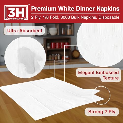 1/8 Fold White Dinner Napkins Disposable, 2-Ply 3000 Paper Napkins Bulk (20 Pack, 150/Pack), 7.1" x 4.1" Folded, Premium Servilletas for Restaurant, Catering & Everyday Lunch Refill - size: 3000 Ct 1/8-Fold