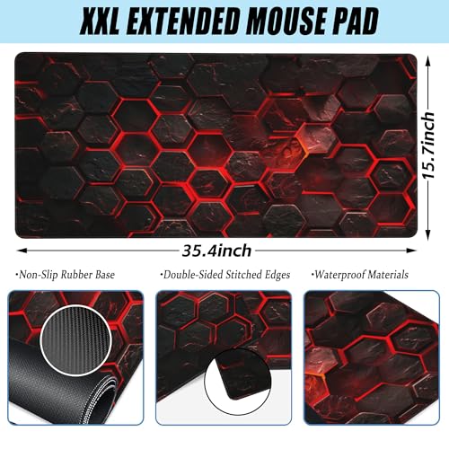 Large Gaming Mouse Pad for Desk,Red Honeycomb Science Technology Desk Mat,Honeycomb Hexagon Desk Pad,Extended Big Computer Keyboard Mouse Pad with Non-Slip Base Stitched Edges 35.4"x15.7" - color: Red Honeycomb Science Technology, size: 15.7" x 35.4"