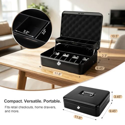 Cash Box with Money Tray and Key Lock,Safe Box for Cash Saving Key Lock Money Organizer,Cash Drawer, 11.8" x 9.5" x 3.5", K-Black - color: K-Black