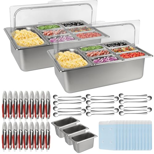 2PCS Pizza Topping Station 10 Pans Stainless Steel Salad Bar for Home - color: Silver, size: 2PCS 10 Pans