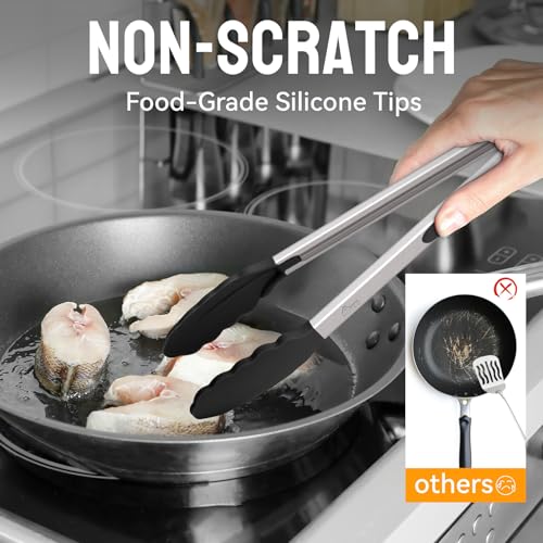 HOTEC Stainless Steel Kitchen Tongs with Silicone Tips, Set of 2-9" and 12" - color: Black:12+9inch